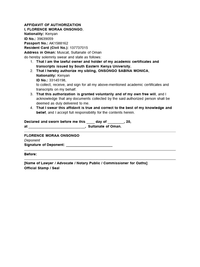 Affidavit of Authorization for Certificates | PDF