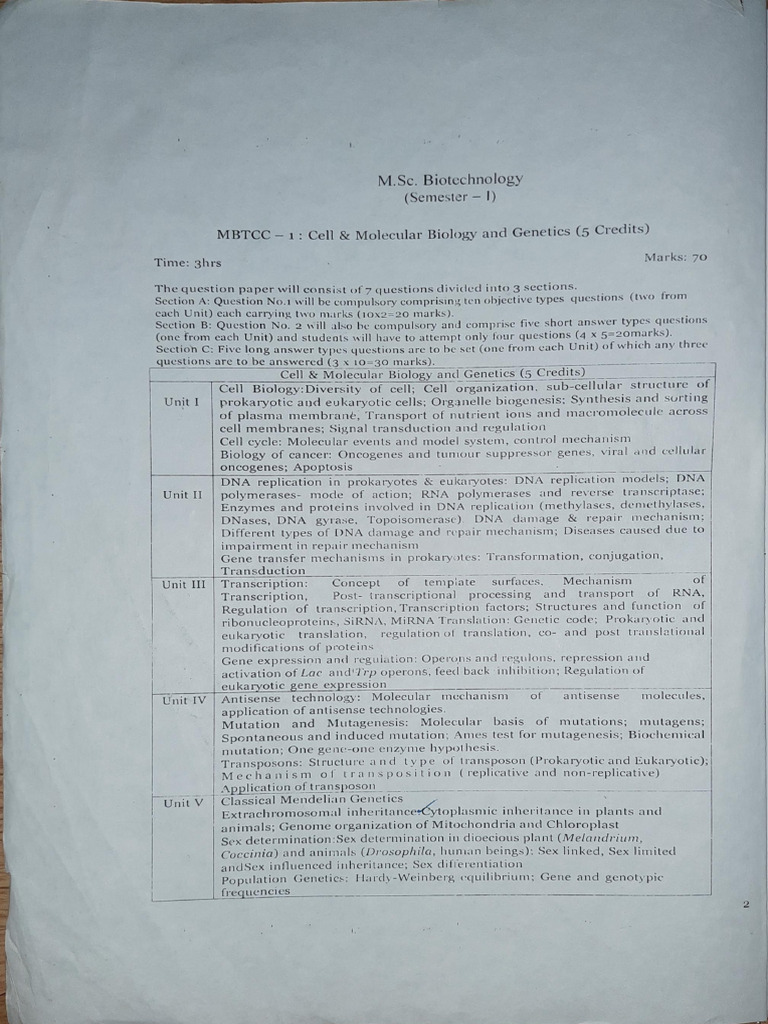 Syllabus Sem 1 Biotechnology | PDF