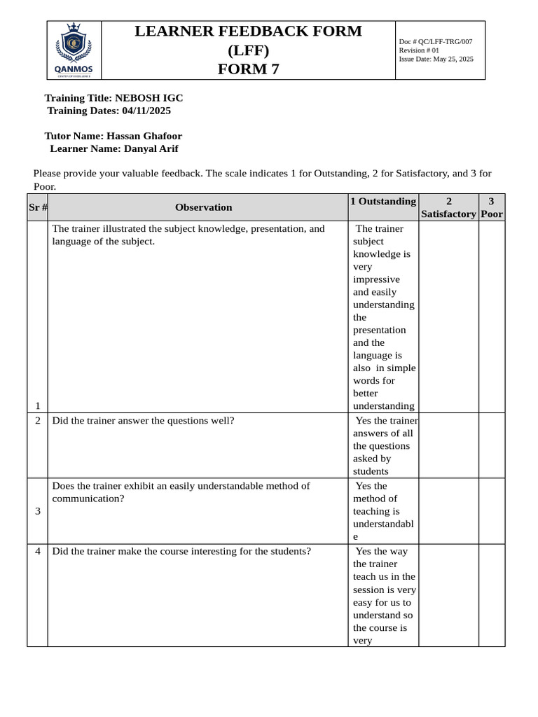 Learner Feedbak Form (LFF) - F7-V1-250525 | PDF | Learning | Communication