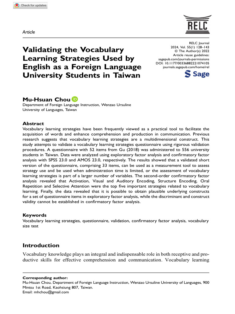 Validating Vocabulary Learning Strategies | PDF | Learning | Cognitive ...