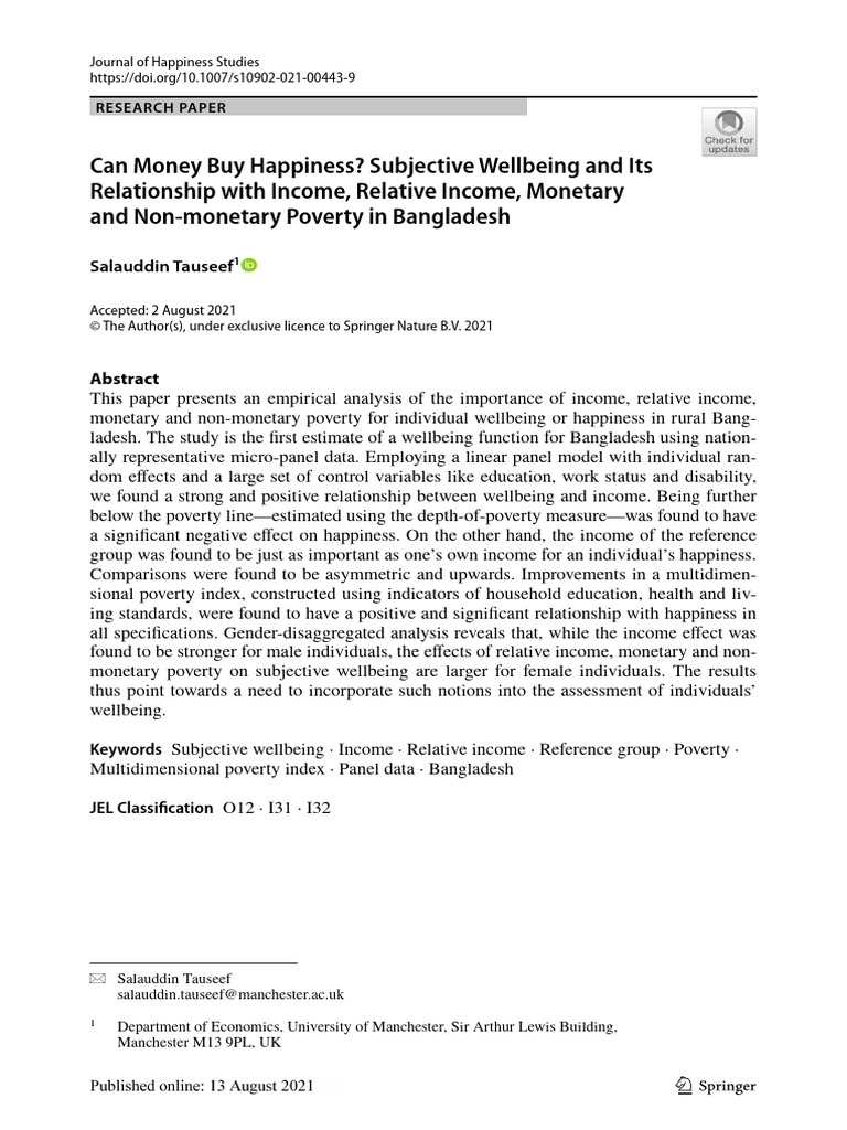 Can Money Buy Happiness? Subjective Wellbeing and Its Relationship With ...