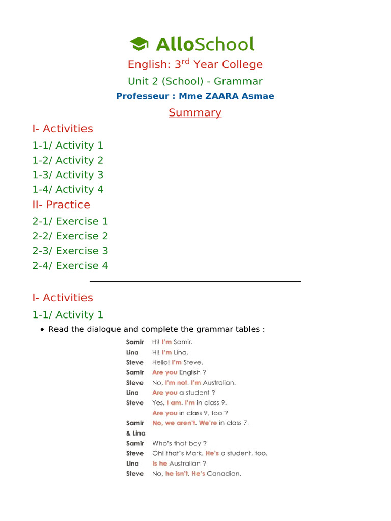 Unit 2 School Grammar 2 | PDF