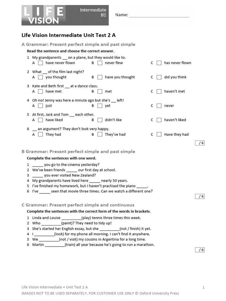 Life Vision Intermediate Unit Test 2 A | PDF | Vocabulary