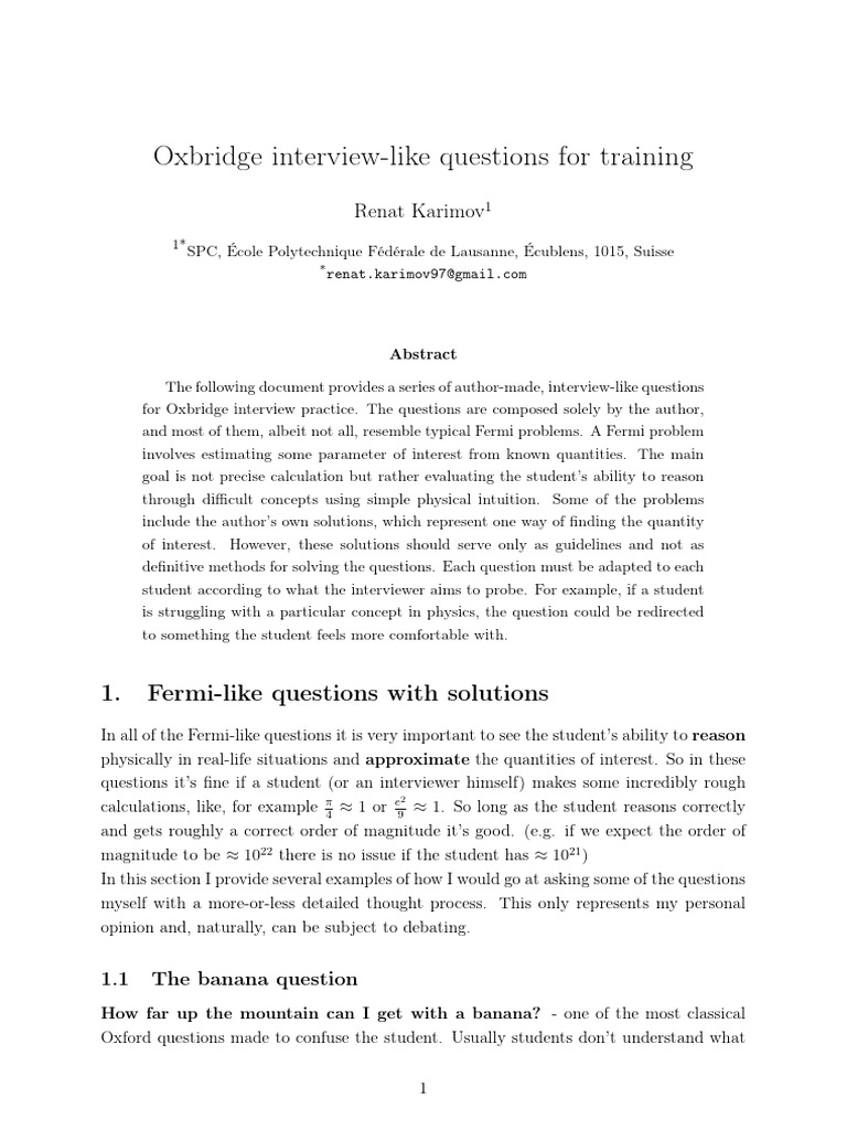 Oxbridge Interview Like Questions for Training | PDF | Gases | Sun