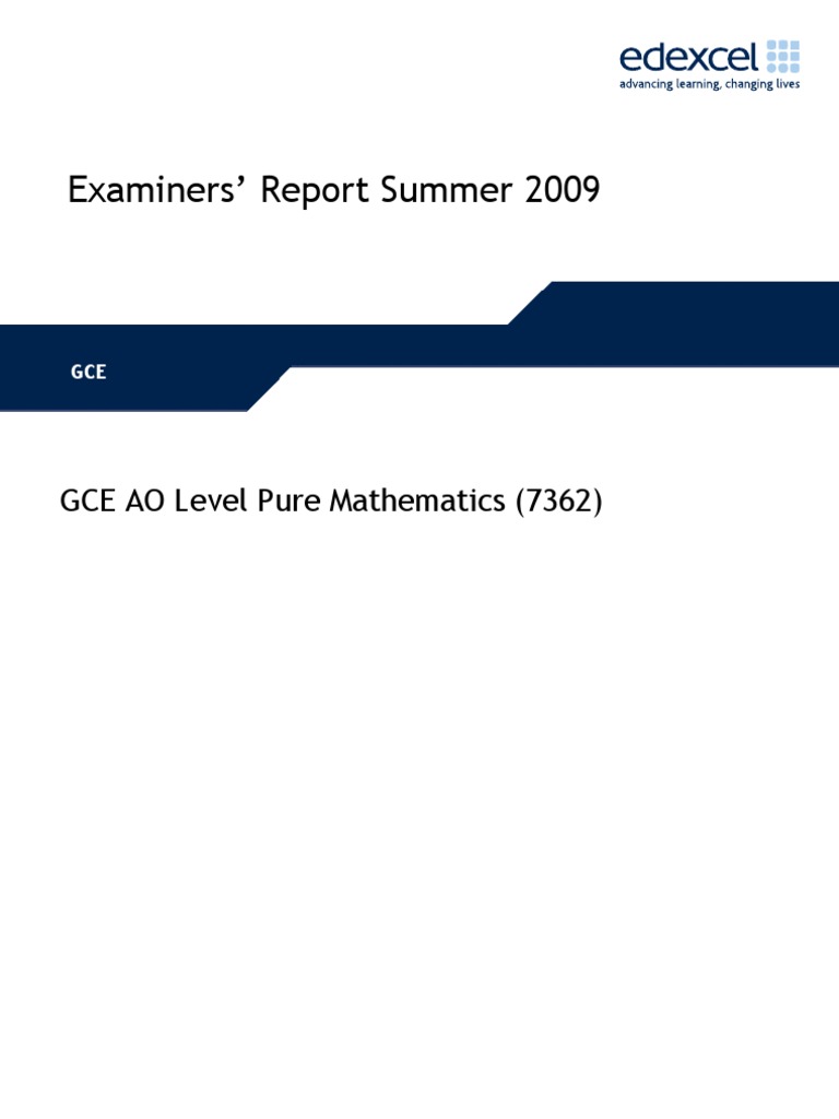 7362 AO Level Pure Mathematics Rep 20090813 Quadratic Equation