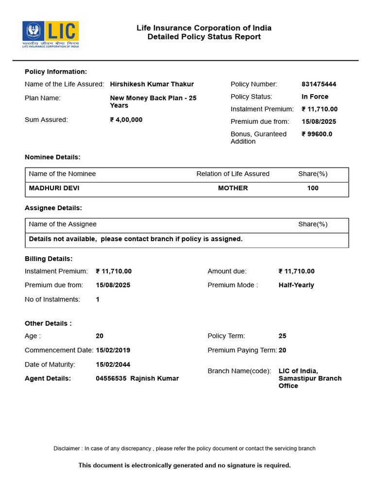 LIC Policy Status Report for Hirshikesh Kumar | PDF