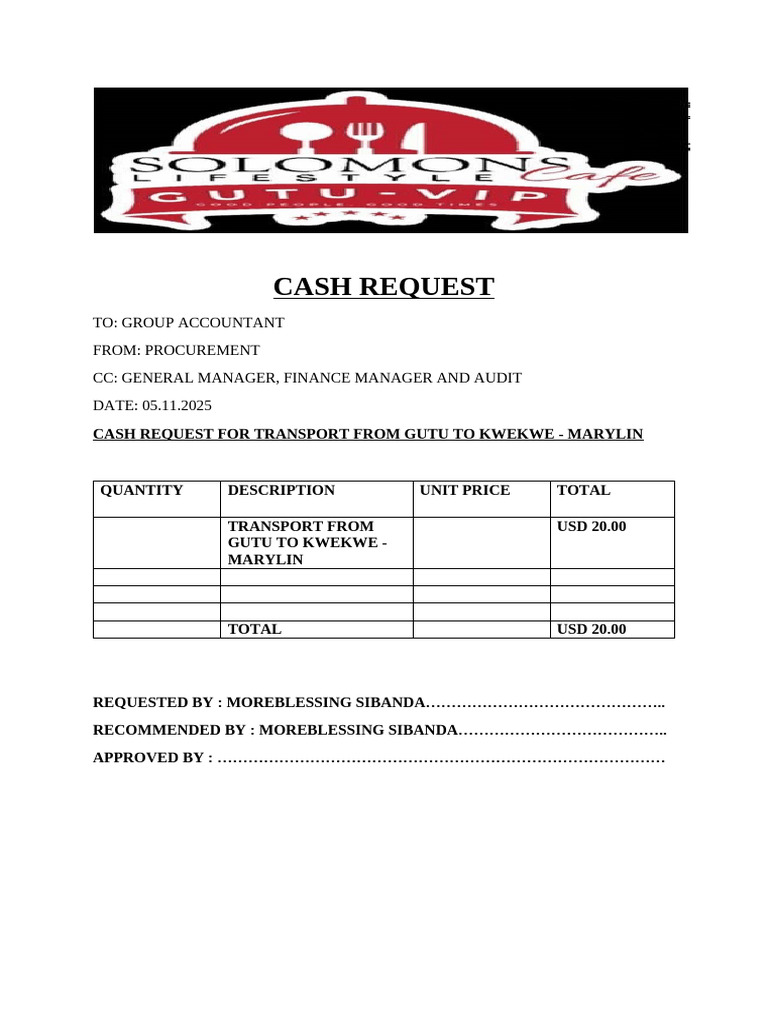 Cash Request for Transport Services | PDF