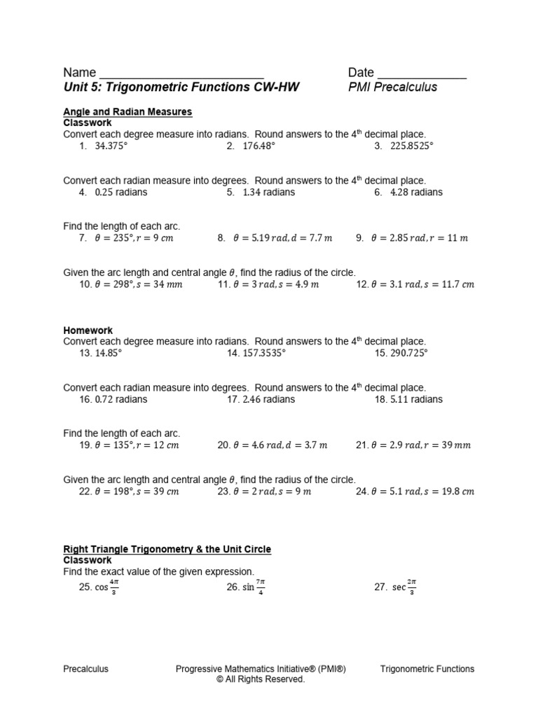 Pre Calc Trigonometry CW HW 2025-07-18 | PDF | Trigonometric Functions ...