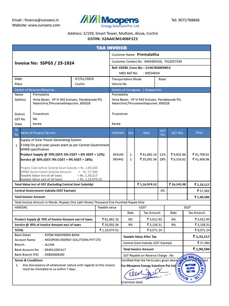 MES4634 - GSTInvoice-SSPGS - 23-1924 - Premalatha (Trivandrum) - 3 KWP ...