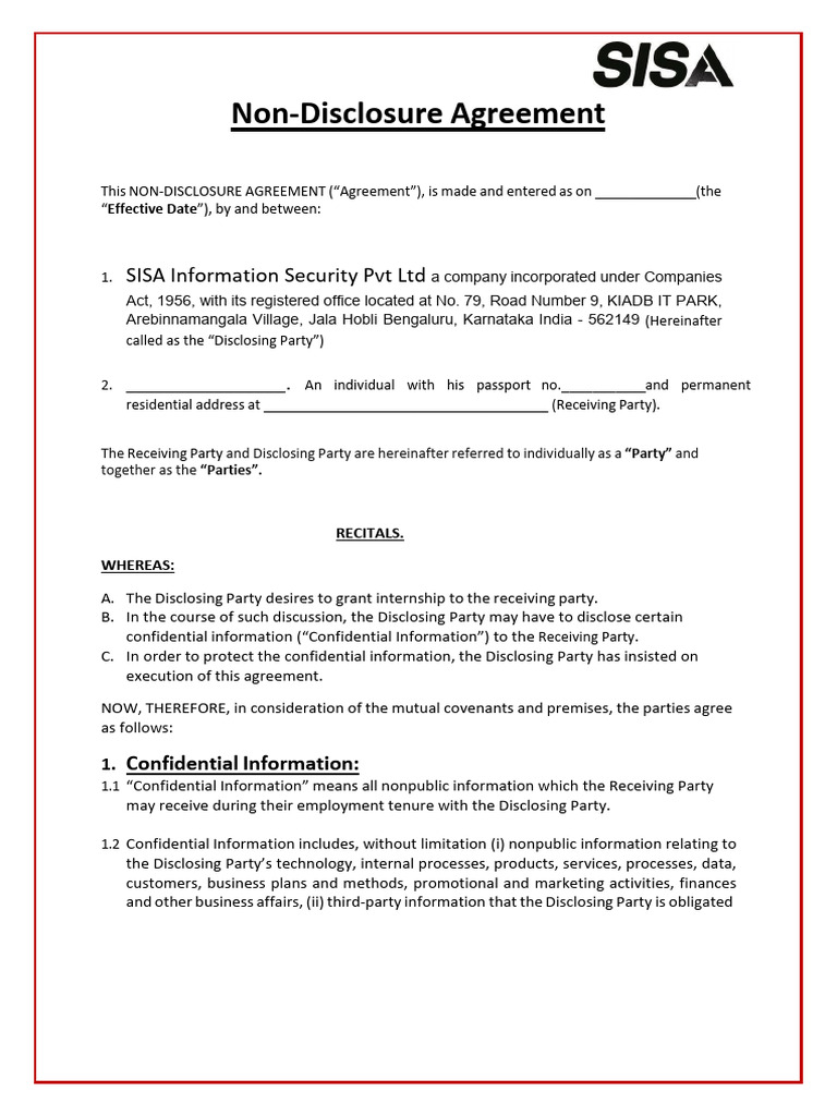 I Legal NDA Internship Sanjay R K Shetty | PDF | Legal Remedy | Indemnity