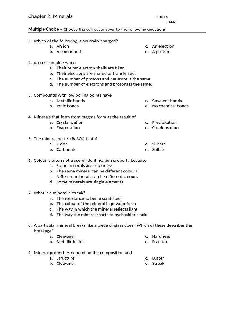 Chap 2 Minerals Worksheet | PDF | Minerals | Chemical Compounds