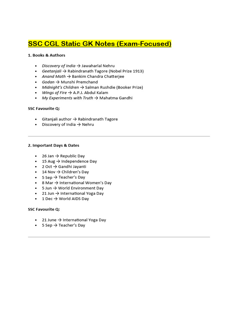 SSC CGL Static GK Notes Overview | PDF