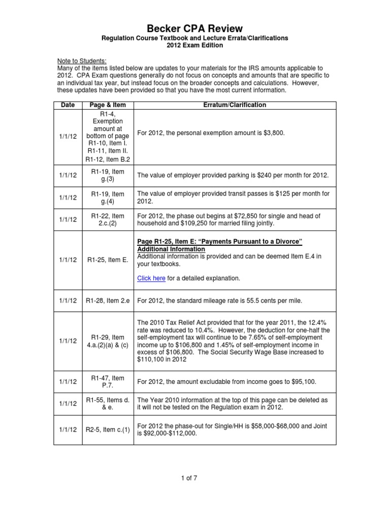 Becker CPA Review Regulation Course Textbook and Lecture Errata