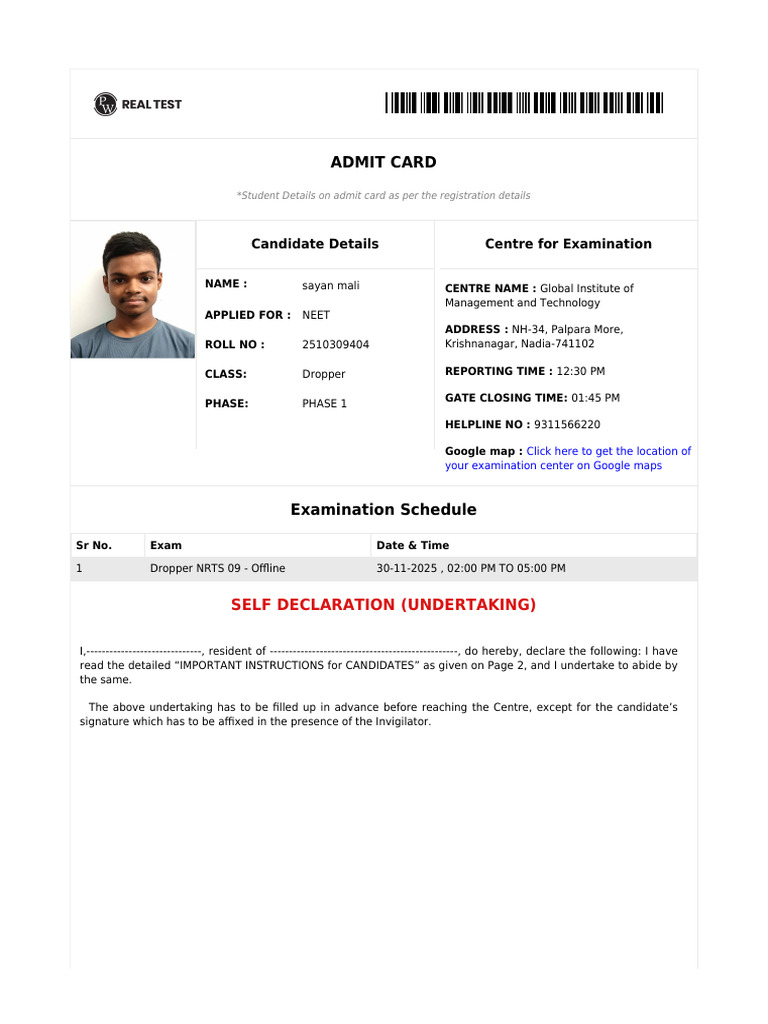 NEET Admit Card Details and Instructions | PDF | Identity Document