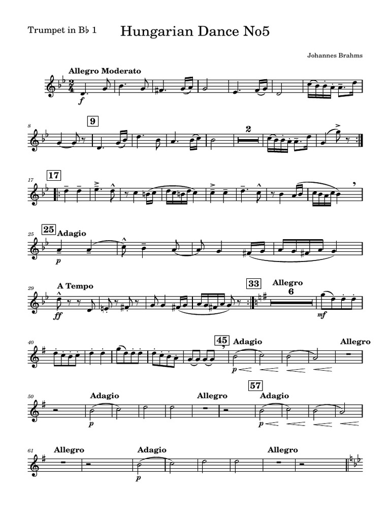 Hungarian Dance No5 Trumpet 1 Pdf Tempo Compositions
