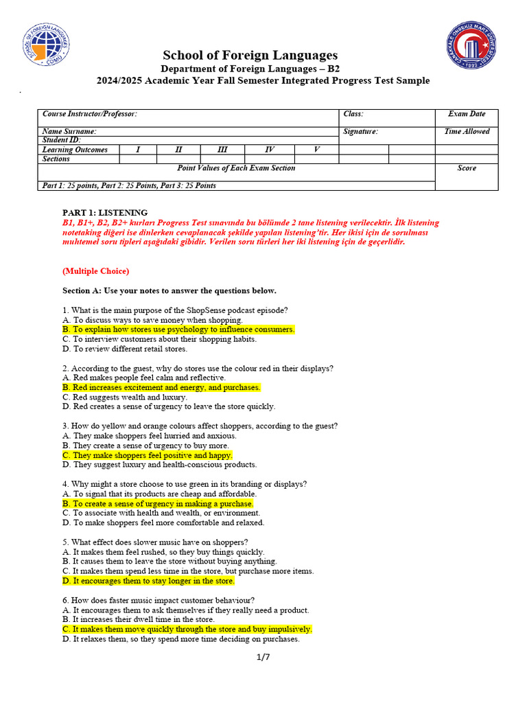 Edited - B2 Sample Progress Test - Answer Key | PDF | Agriculture ...