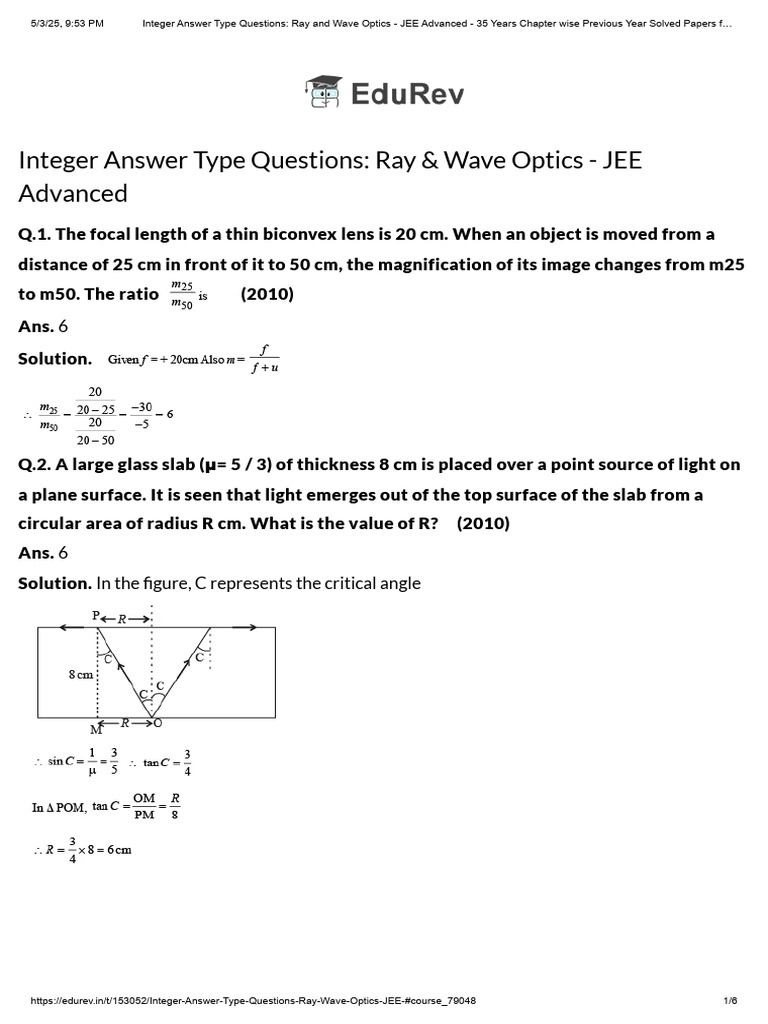 JEE Advanced Ray & Wave Optics Questions | PDF | Optics | Refraction