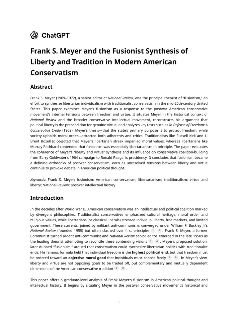 Frank Meyer’s Fusionism in Conservatism | PDF | National Review ...