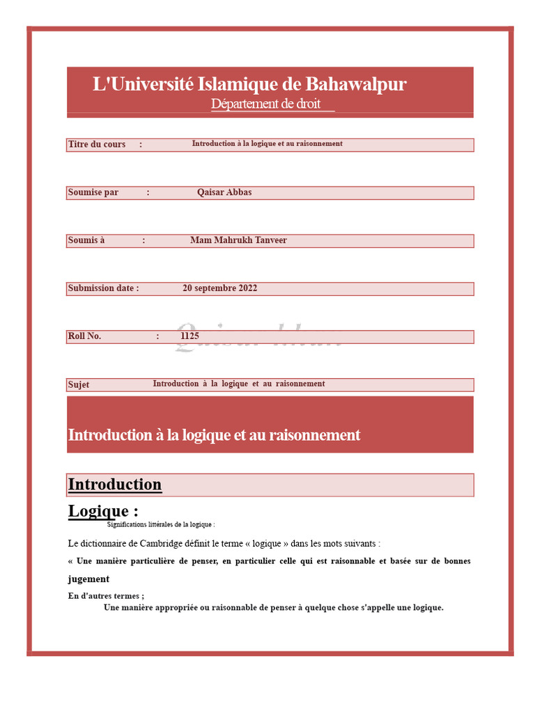 Introduction à la logique et au raisonnement | PDF | Raison | Logique