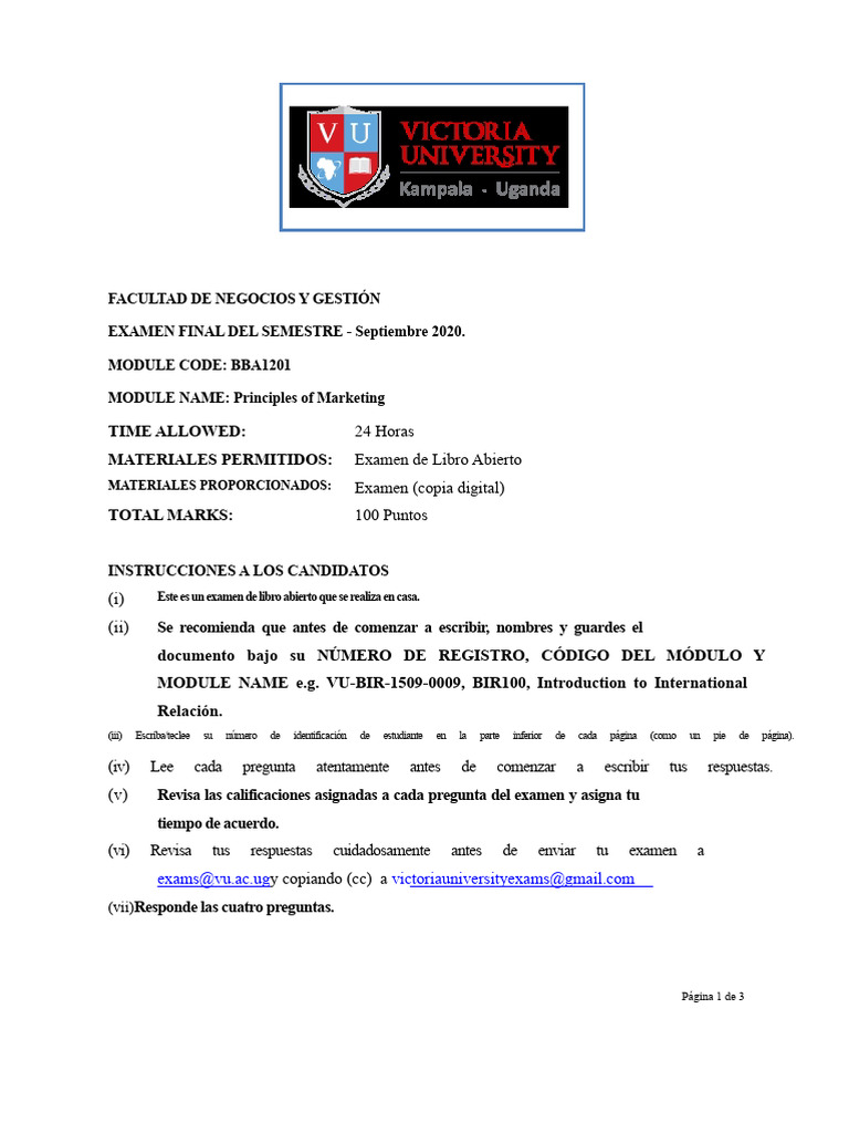 Examen Final de Marketing BBA1201 | PDF | Marketing | Producto (Negocio)