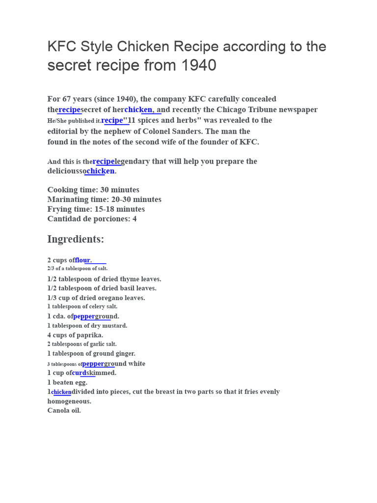 KFC Secret Chicken Recipe Unveiled | PDF