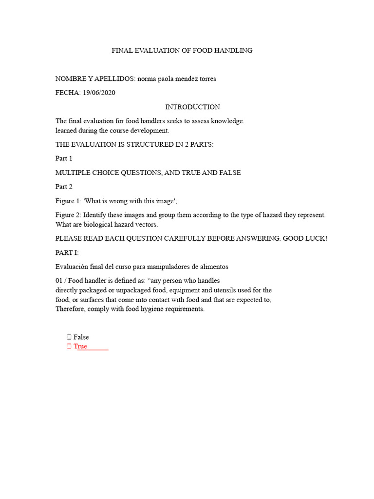 Food Handling Final Evaluation Test | PDF | Food Safety | Foodborne Illness