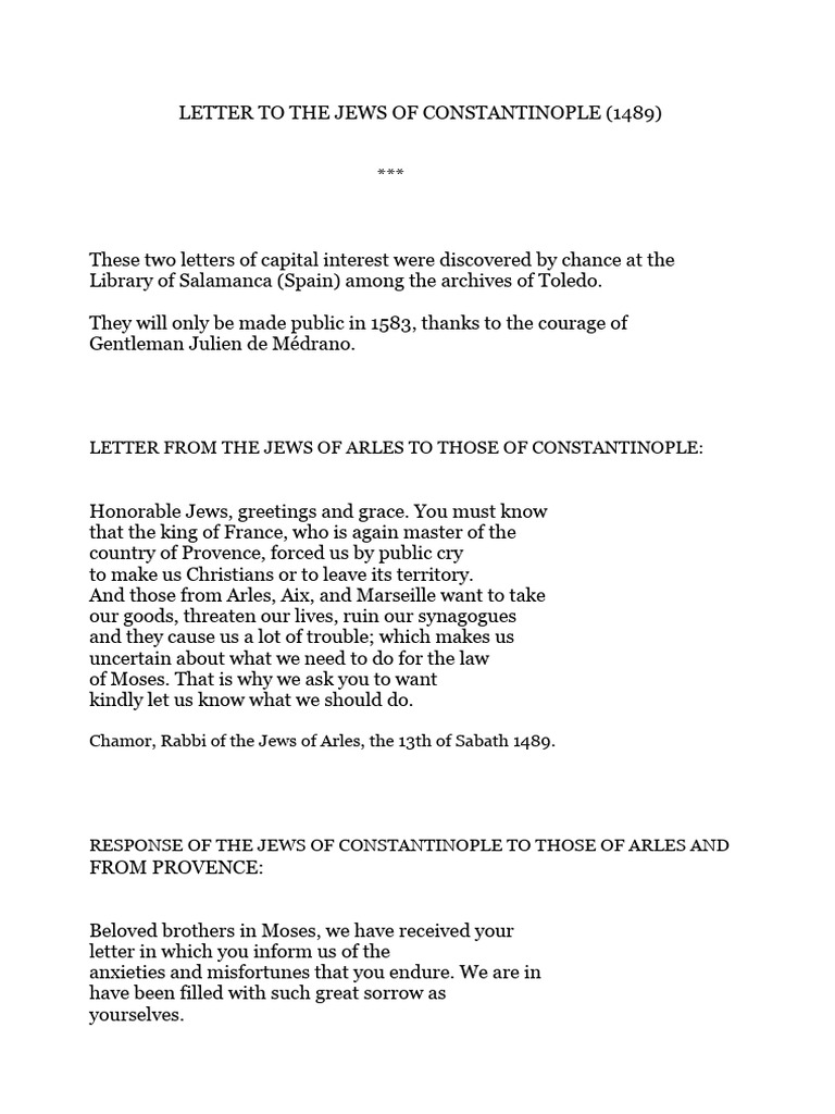 1489 Letter: Jews of Arles to Constantinople | PDF | Jews And Judaism ...