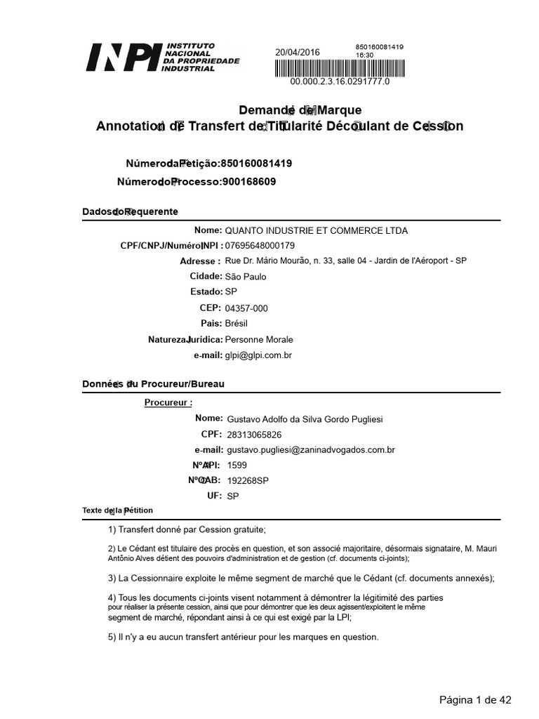 Demande de transfert de marque INPI | PDF