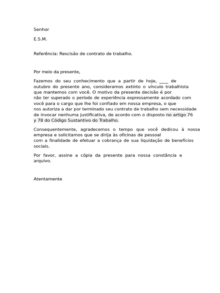 Rescisão de Contrato: Período de Experiência | PDF