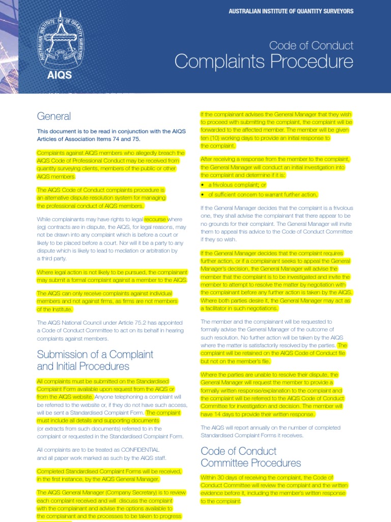 AIQS Code Conduct Complaints Procedures PDF Complaint Common Law