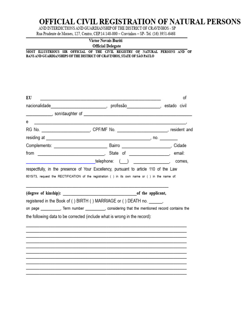 Civil Registration Correction Request Cravinhos | PDF | Government ...