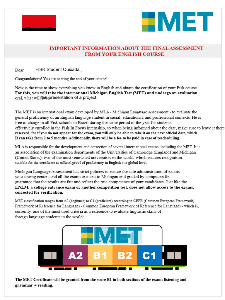MET notice for Fisk in Focus students | PDF | Tests | Qualifications