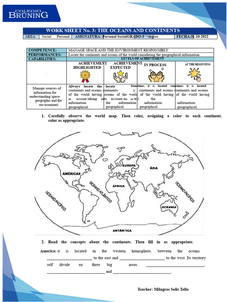Oceans and Continents Worksheet for Grade 3 | PDF | Continent | Oceans