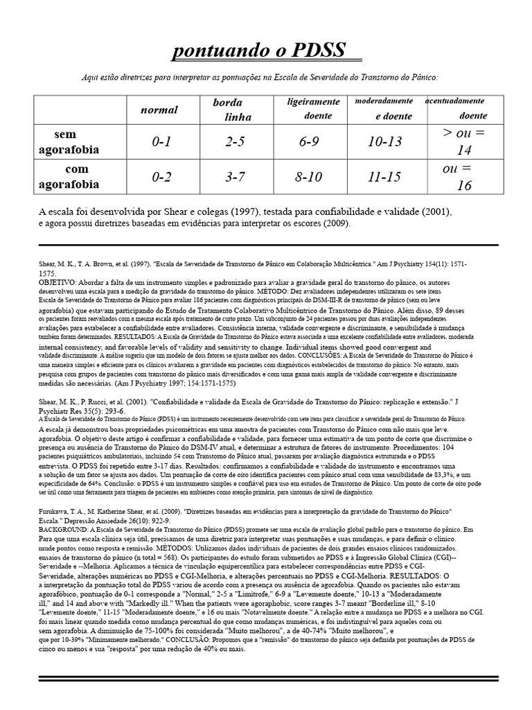 Diretrizes para a Escala PDSS de Pânico | PDF | Psiquiatria | Distúrbio ...