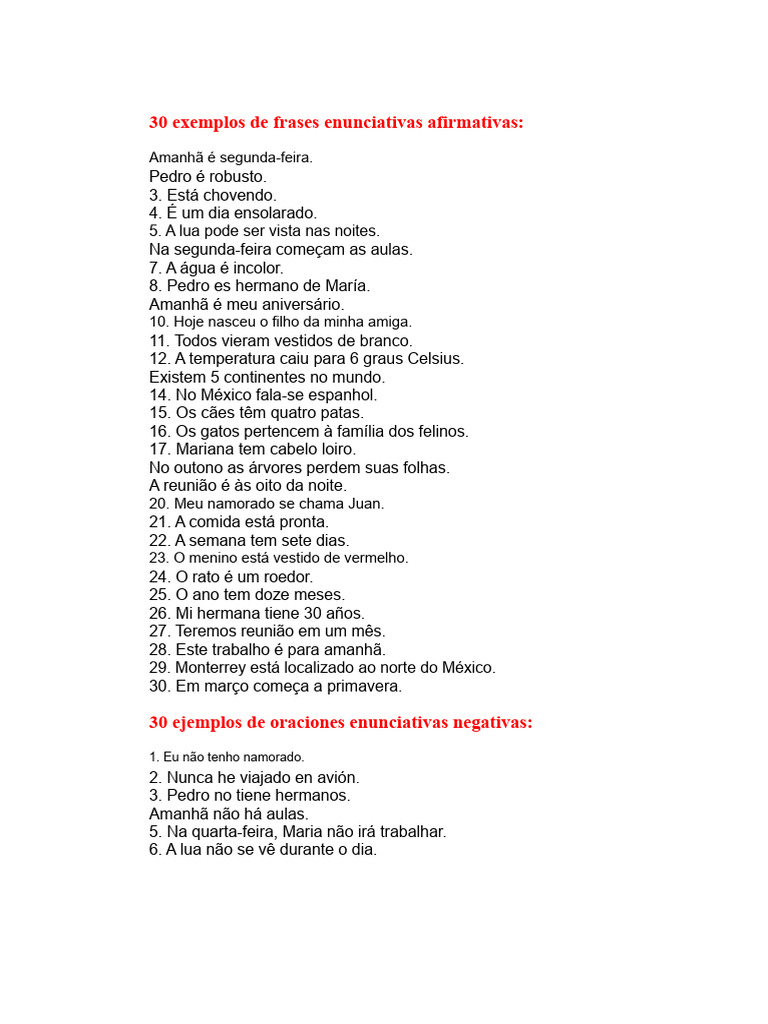 Exemplos de Frases Afirmativas e Negativas | PDF | Gatos