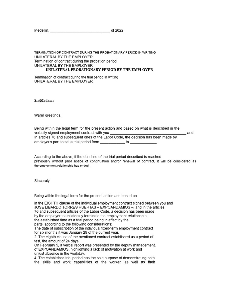 Unilateral Contract Termination Notice | PDF | Employment | Business Law