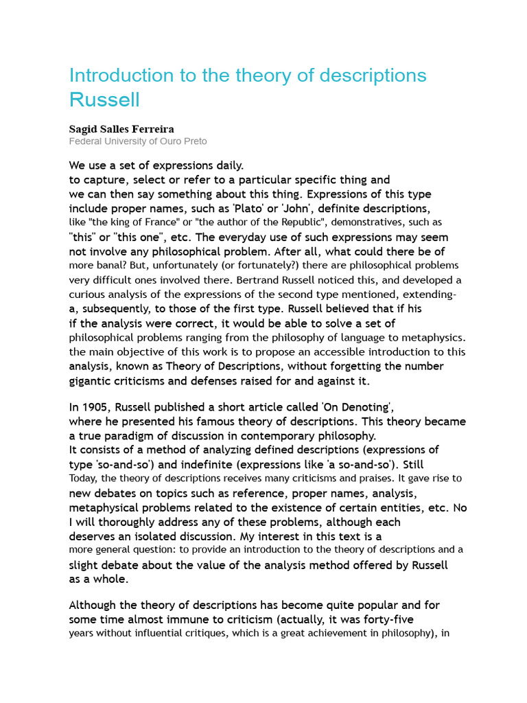 Introduction To Russell's Theory of Descriptions | PDF | Semantics ...