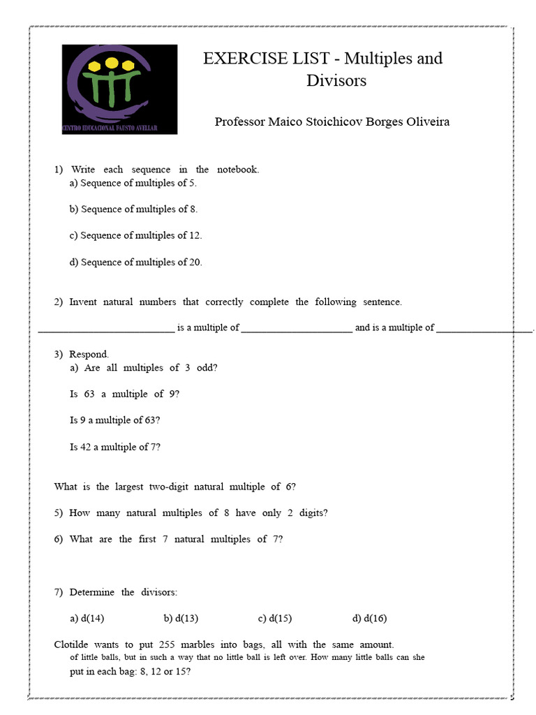Exercise List: Multiples and Divisors | PDF | Discrete Mathematics ...