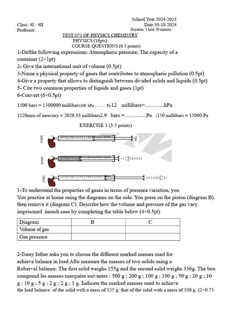 PHYSICS CHEMISTRY ASSIGNMENT N°1 4th GRADE 2024-2025 | PDF | Pressure ...