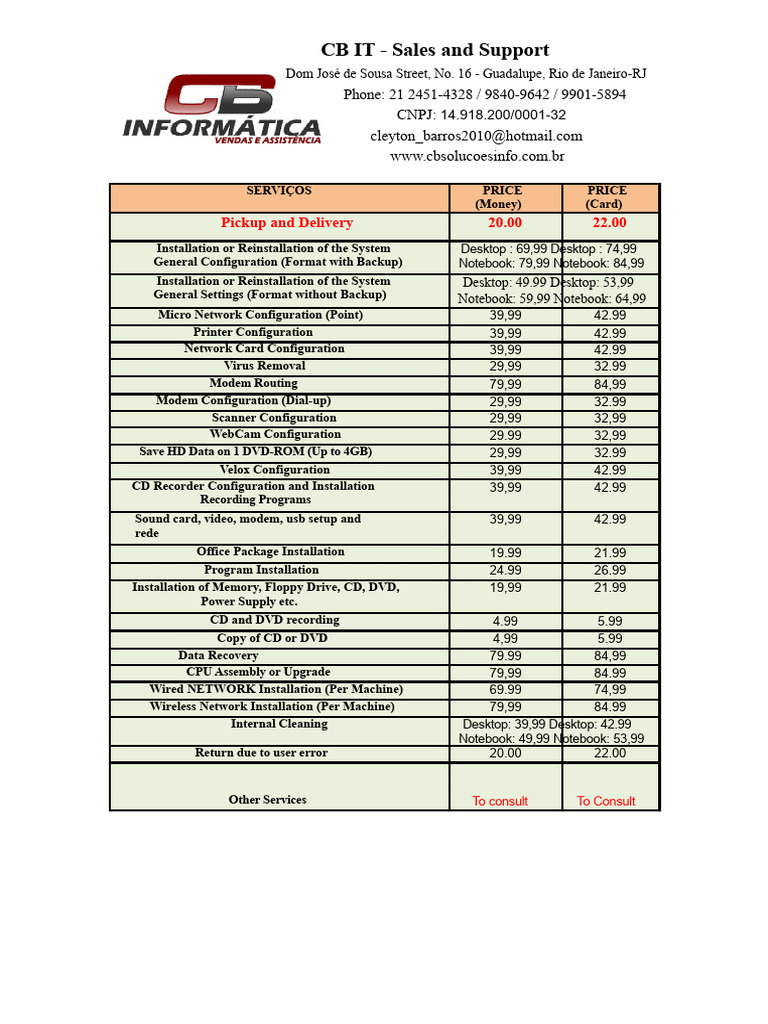 Price Table of Computer Services CB Computing PDF | PDF | Laptop ...