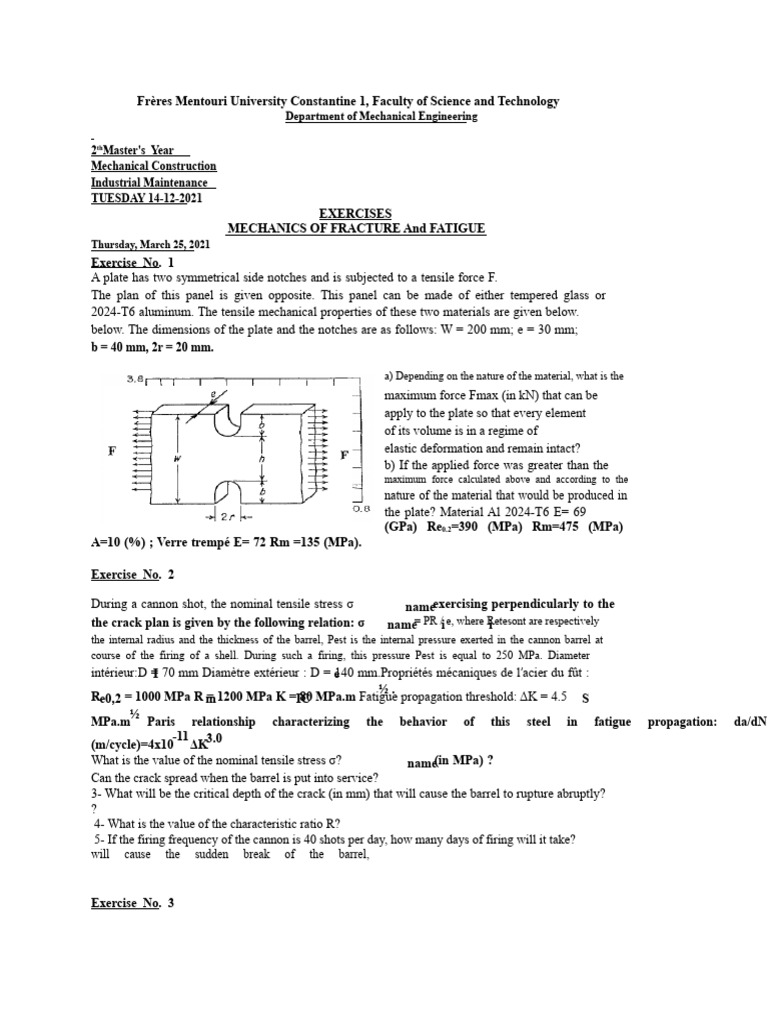 Mechanics of Fracture and Fatigue Exercises | PDF | Fracture Mechanics ...