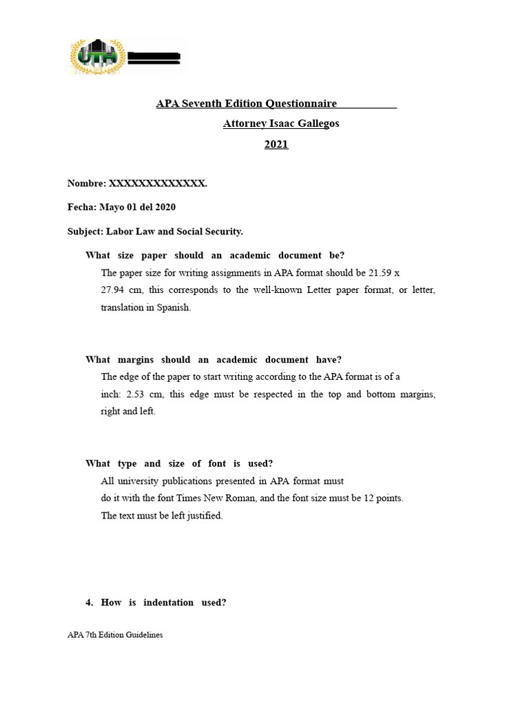 Seventh Edition Questionnaire APA Standards UTH | PDF | Apa Style | Text