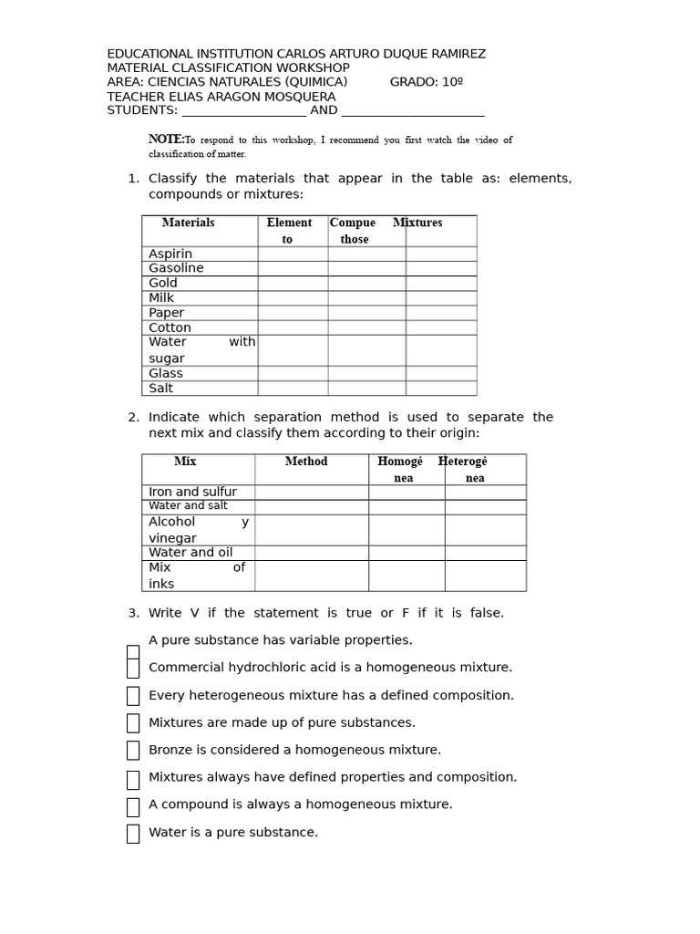 Classification of Matter Workshop | PDF