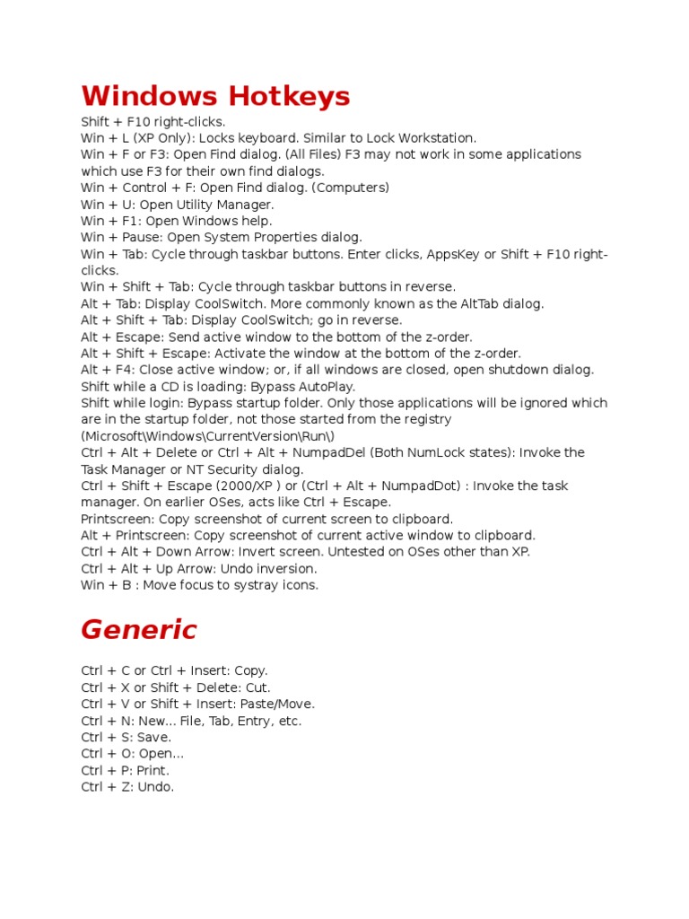 Windows Hotkeys PDF