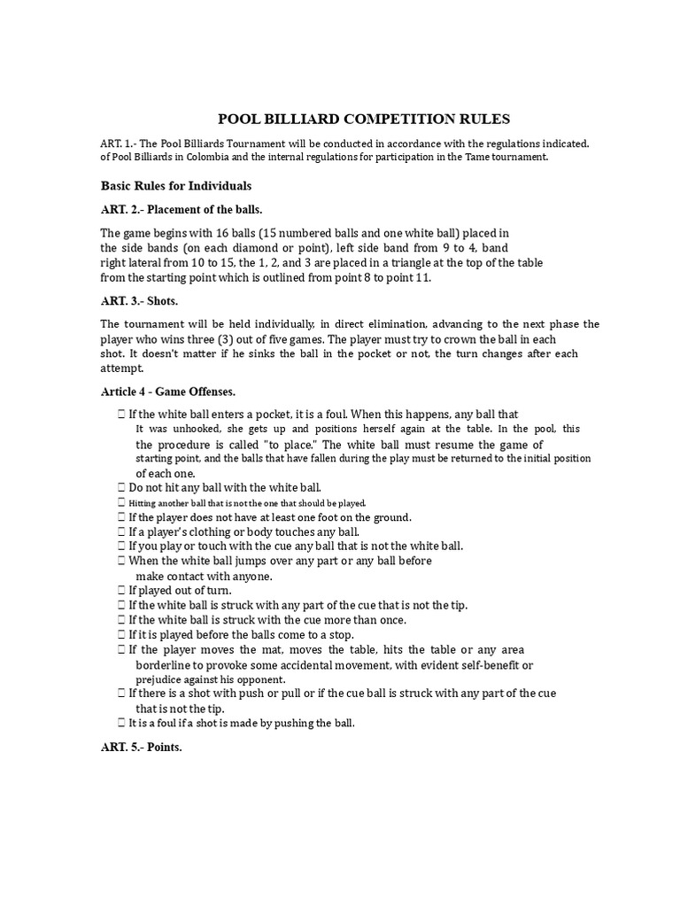 Pool Billiards Tournament Rules | PDF | Pool (Cue Sports) | Indoor Sports