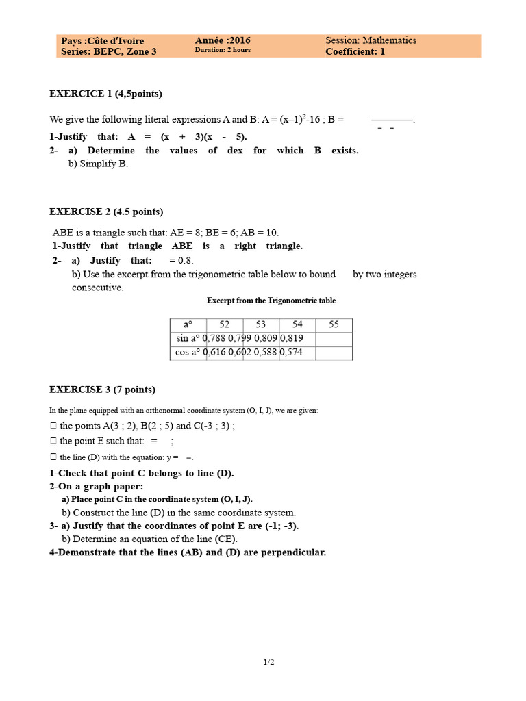 RCI BEPC 2016 Zone3 Mathematics | PDF | Trigonometry | Equations