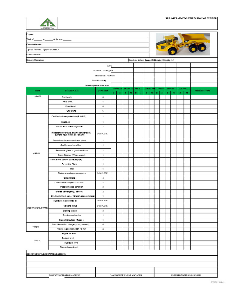 Dumper Pre-Operational Inspection Checklist | PDF | Automotive ...