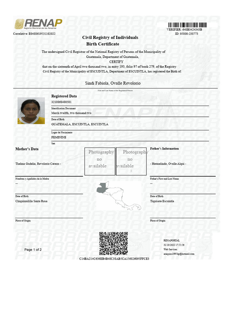 Birth Certificate of Sindi Fabiola Ovalle | PDF | Birth Certificate ...