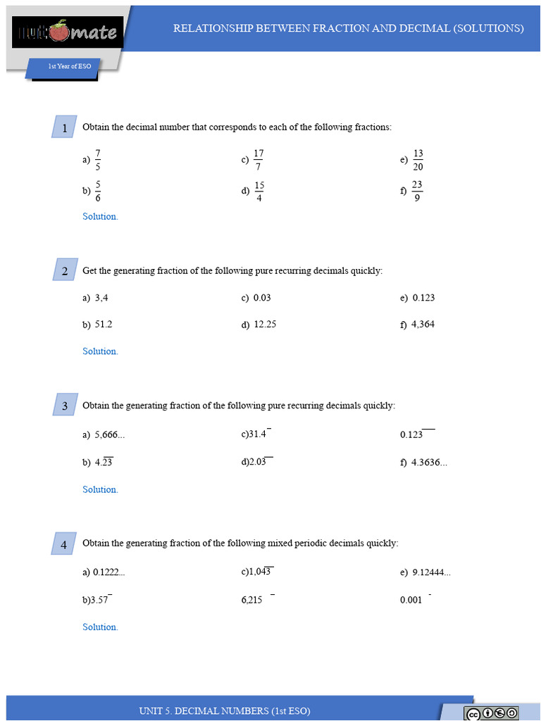 Fractions and Decimals Solutions Guide | PDF | Decimal | Numbers