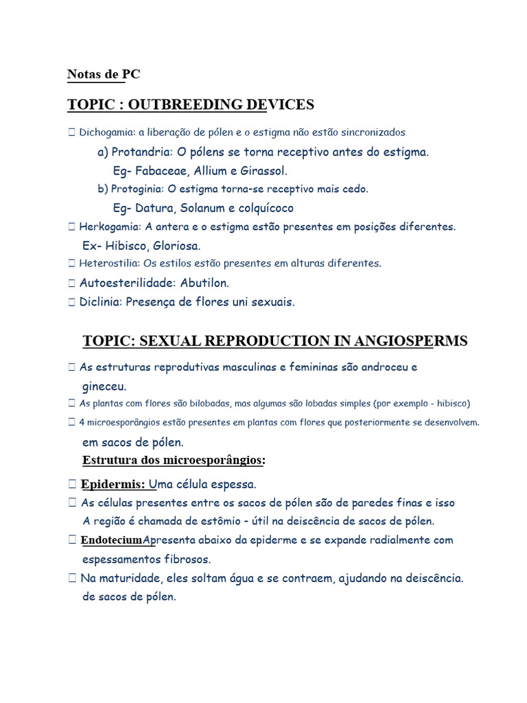 Dispositivos de Outcrossing em Angiospermas | PDF